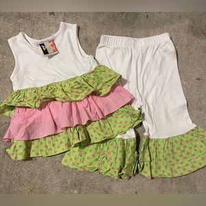 White and Pink Ruffle Outfit with Green Polka Dots